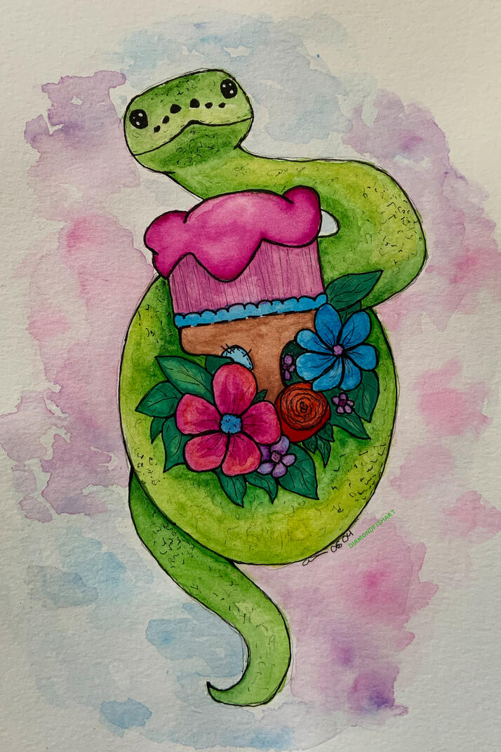 Watercolour Snake and Paintbrush